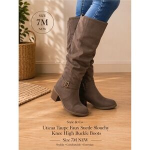 Style & Co Uticaa‎ Taupe Faux Suede Slouchy Knee High Buckle Boots Womens 7M NEW
